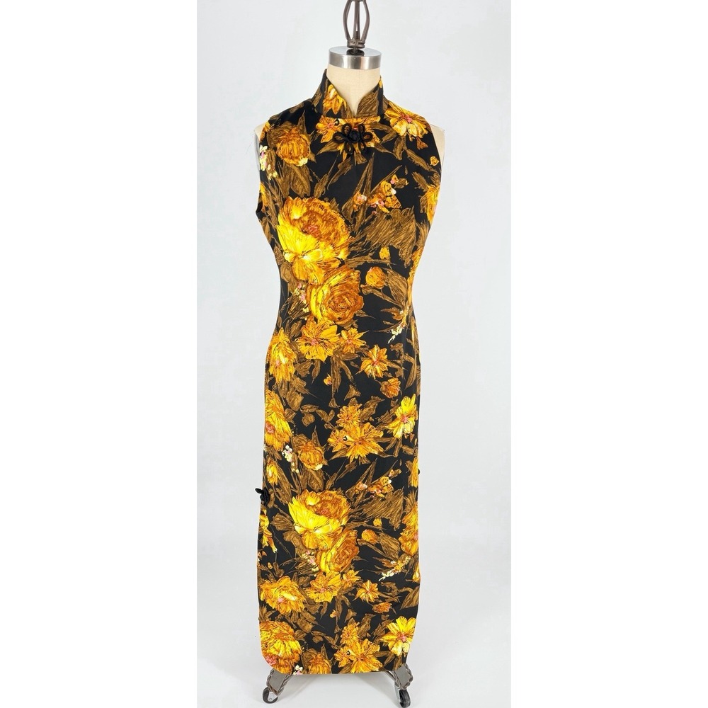Vintage 60s 70s Floral Cheongsam Qipao Maxi Dress Japan Size 8 S M Mustard Boho